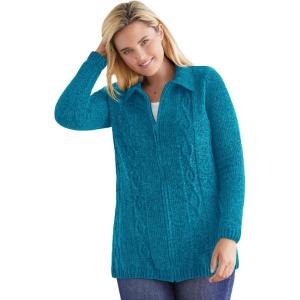 Woman Within Plus Size Chenille Zip Cable Cardigan Sweater(Deep Teal)