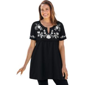 Woman Within Plus Size Embroidered Split-Neck Tunic(Black Vine Embroidery)