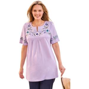 Woman Within Plus Size Embroidered Split-Neck Tunic(Lilac Floral Embroidery)