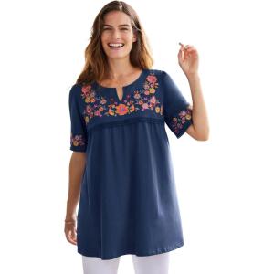 Woman Within Plus Size Embroidered Split-Neck Tunic(Navy Floral Embroidery)