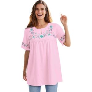 Woman Within Plus Size Embroidered Split-Neck Tunic(Pink Floral Embroidery)