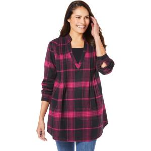 Woman Within Plus Size Flannel Tunic With Layered Look(Pink Black Plaid)