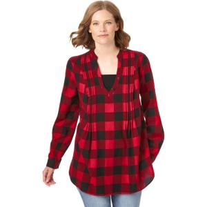Woman Within Plus Size Flannel Tunic With Layered Look(Vivid Red Buffalo Plaid)