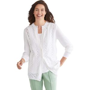 Woman Within Plus Size Long-Sleeve Pointelle Cardigan Sweater(White)
