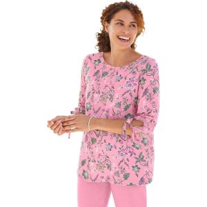 Woman Within Plus Size Perfect Three-Quarter Tie-Sleeve Tee(Delicate Pink Jacquard Floral)