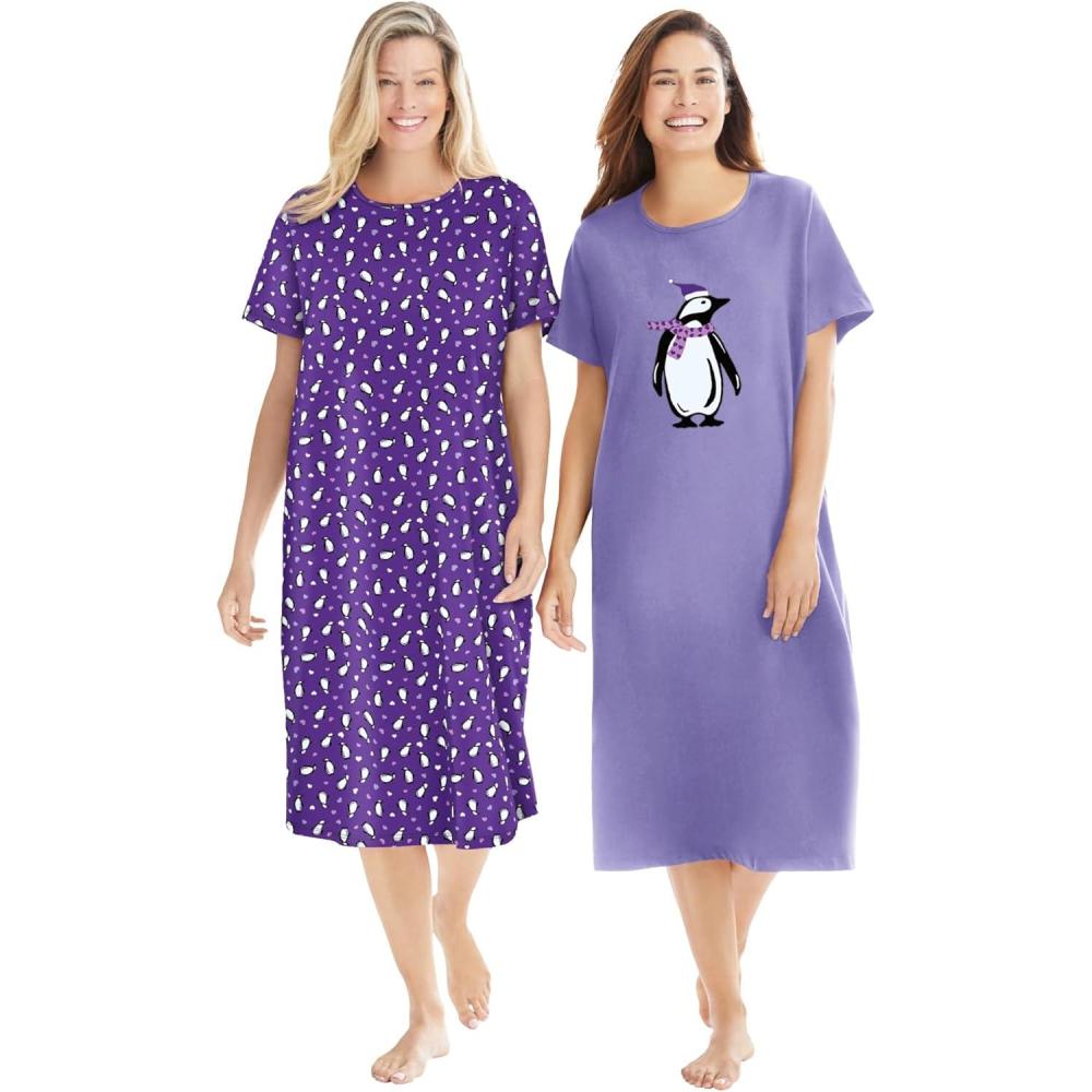 imageDreams amp Co Plus Size 2Pack Long SleepshirtsPlum Burst Penguins