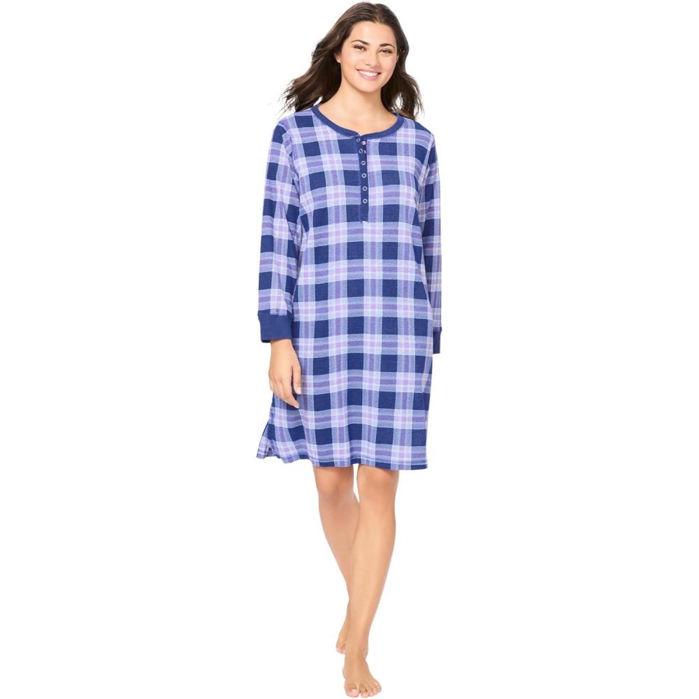 imageDreams amp Co Plus Size Thermal Henley SleepshirtUltra Blue Plaid