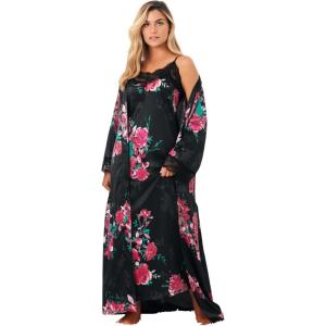 Amoureuse Plus Size The Luxe Satin Long Peignoir Set(Black Floral)