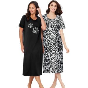Dreams & Co. Plus Size 2-Pack Long Sleepshirts(Black Animal Paw)
