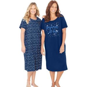 Dreams & Co. Plus Size 2-Pack Long Sleepshirts(Evening Blue Pajamas)