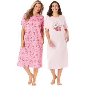 Dreams & Co. Plus Size 2-Pack Long Sleepshirts(Pink Tea Cup)