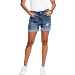 Ellos Plus Size Mid-Rise Stretch Frayed Cuff Hem Shorts(Medium Blue Distressed)
