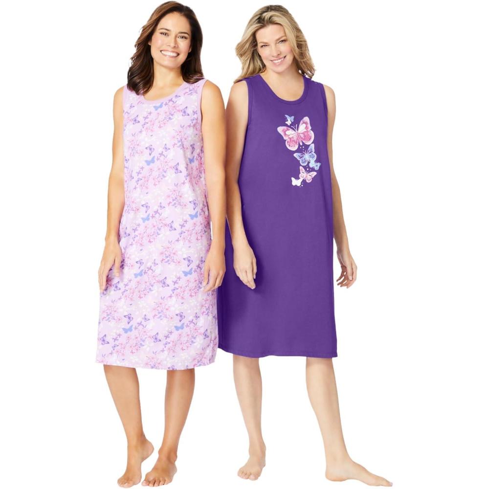 imageDreams amp Co Plus Size 2Pack Sleeveless SleepshirtPlum Burst Floral Butterfly