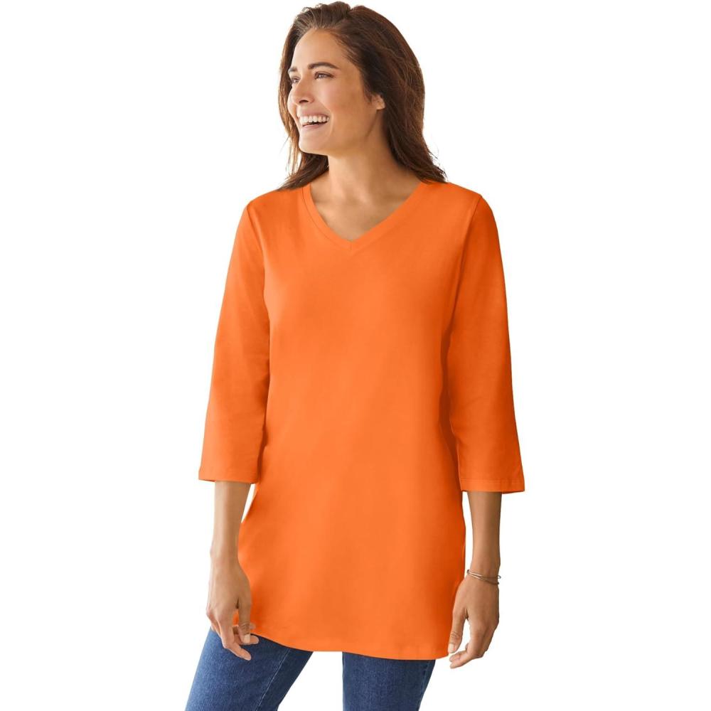 imageWoman Within Plus Size Perfect ThreeQuarter Sleeve VNeck TunicOrange Twist