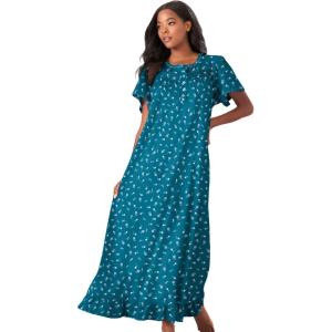Dreams & Co. Plus Size Long Floral Print Cotton Gown(Deep Teal Ditsy)