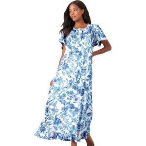Dreams & Co. Plus Size Long Floral Print Cotton Gown(French Blue Garden)
