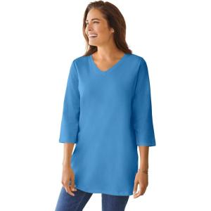 Woman Within Plus Size Perfect Three-Quarter Sleeve V-Neck Tunic(Azure Blue)