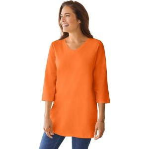 Woman Within Plus Size Perfect Three-Quarter Sleeve V-Neck Tunic(Orange Twist)