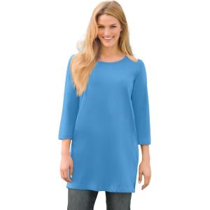 Woman Within Plus Size Perfect Three-Quarter-Sleeve Scoopneck Tunic(Azure Blue)