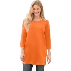 Woman Within Plus Size Perfect Three-Quarter-Sleeve Scoopneck Tunic(Orange Twist)