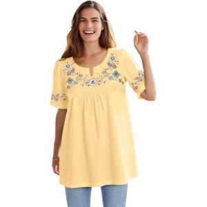 Woman Within Plus Size Embroidered Split-Neck Tunic(Banana Floral Embroidery)