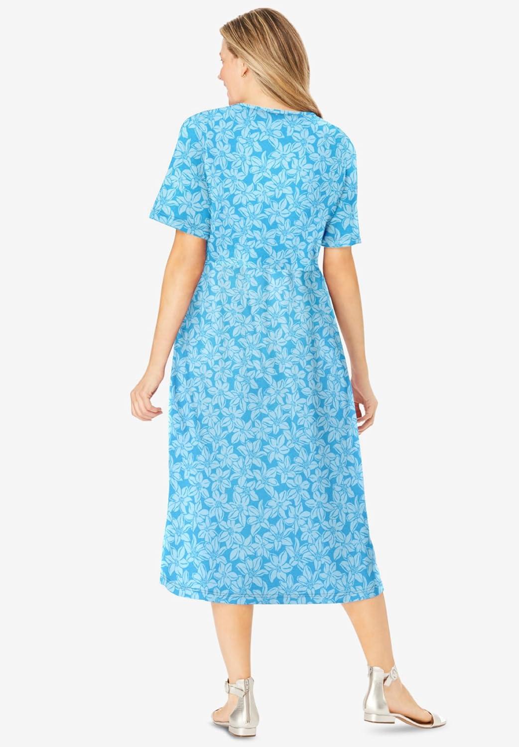 imageWoman Within Womens Plus Size ButtonFront Essential Dress M Paradise Blue Pretty Blossom Multicolored