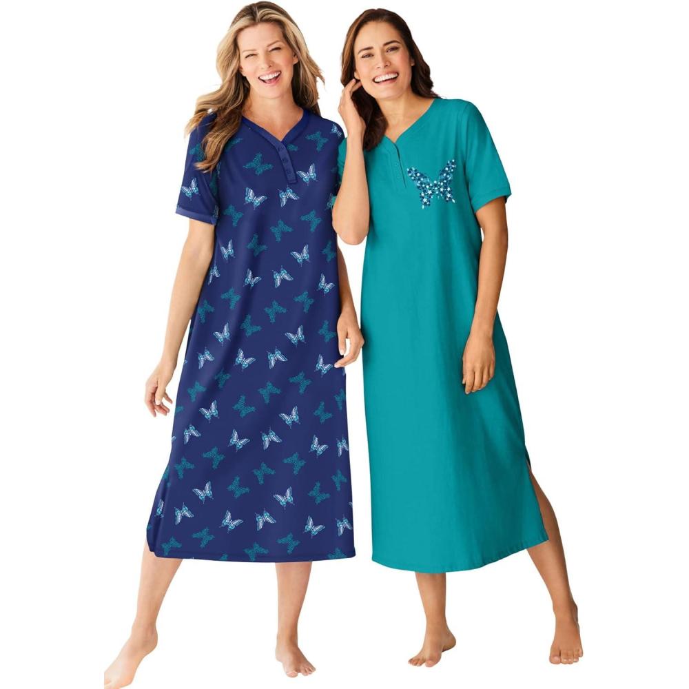 imageDreams amp Co Plus Size 2Pack Long Henley SleepshirtEvening Blue Butterfly