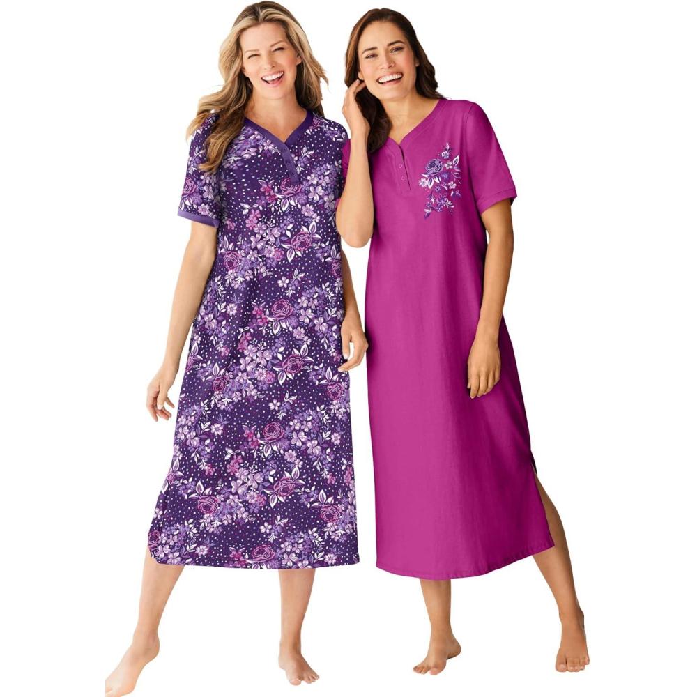 imageDreams amp Co Plus Size 2Pack Long Henley SleepshirtRich Violet Flowers