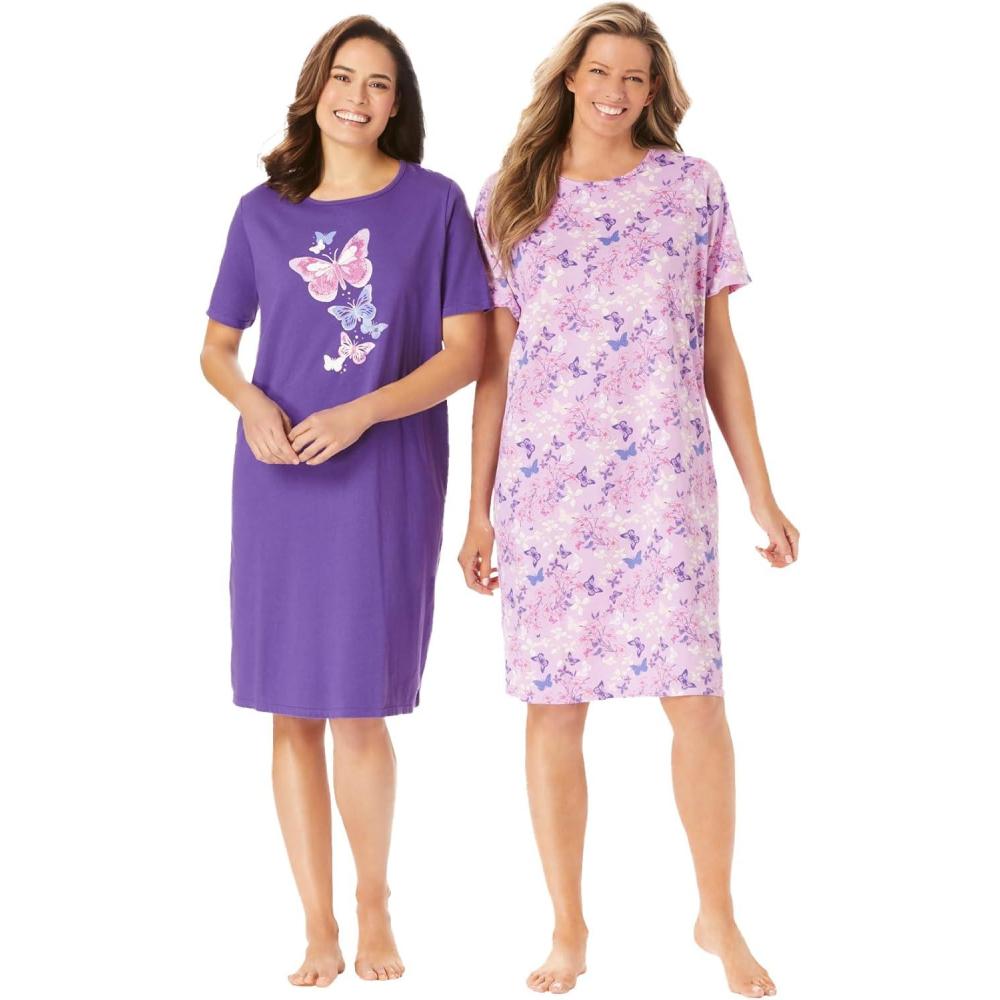 imageDreams amp Co Plus Size 2Pack ShortSleeve SleepshirtPlum Burst Floral Butterfly