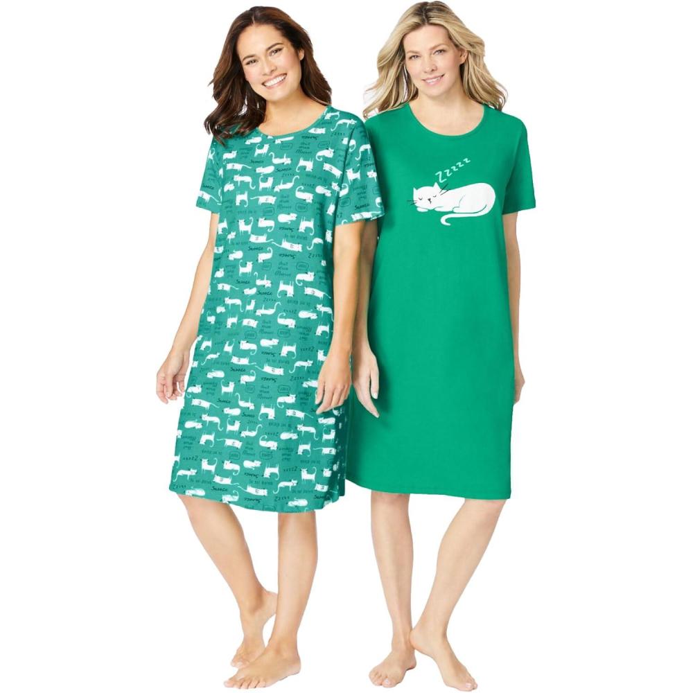 imageDreams amp Co Plus Size 2Pack ShortSleeve SleepshirtTropical Emerald Cat
