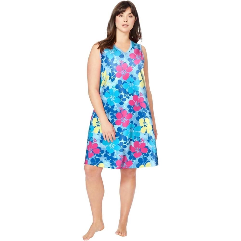 imageDreams amp Co Plus Size Short Sleeveless SleepshirtPool Blue Tropical