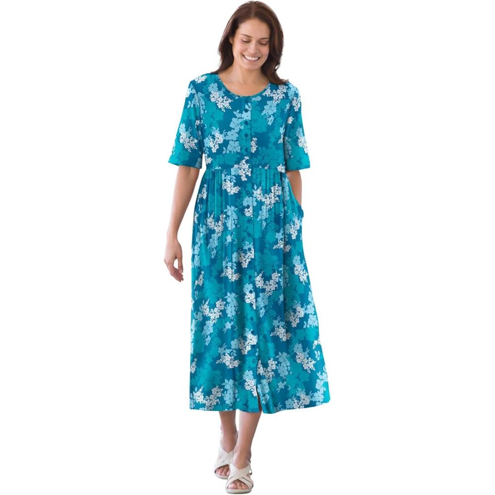 imageWoman Within Plus Size ShortSleeve ButtonFront Pocket Dress Petite Available  7X Deep Teal Graphic Bloom