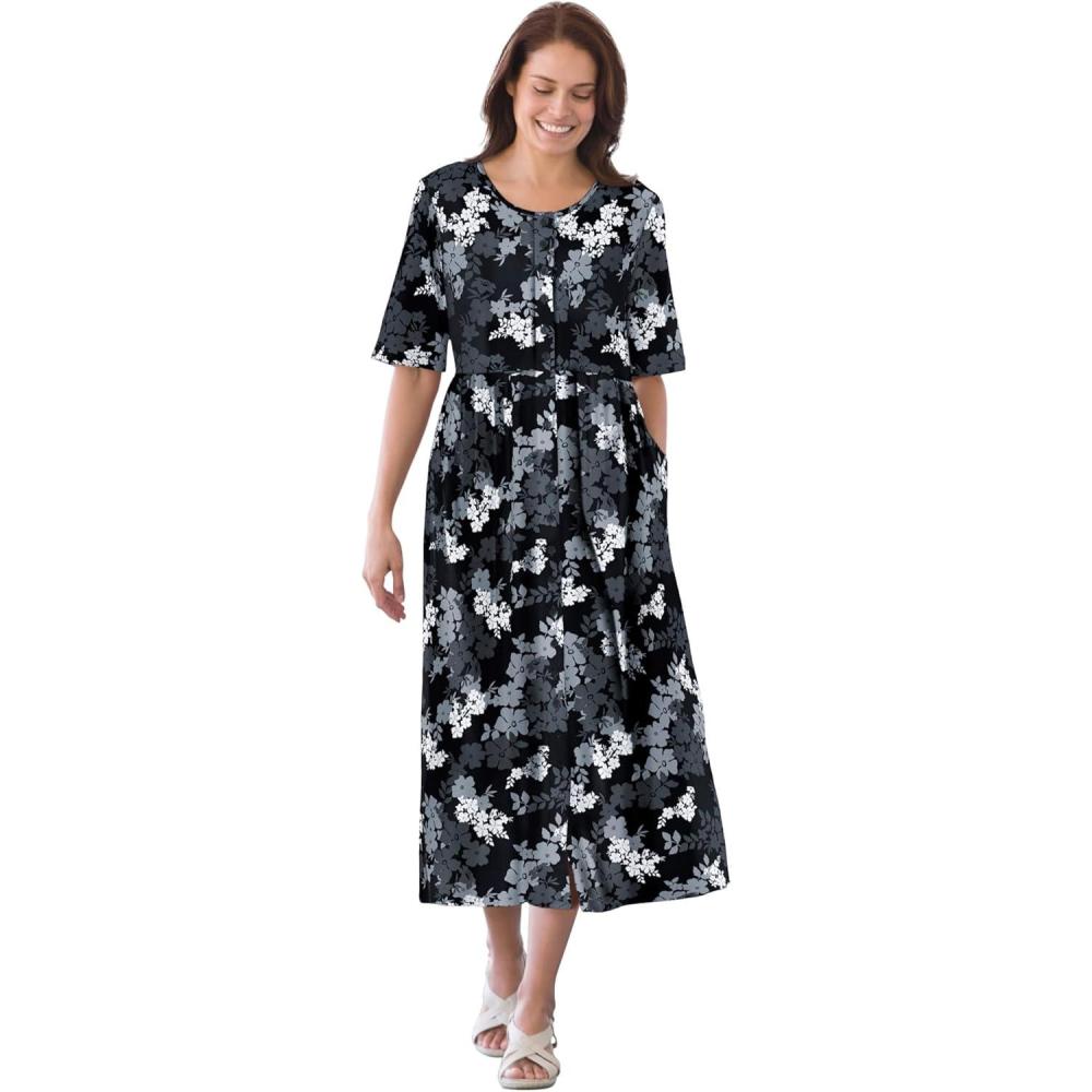 imageWoman Within Plus Size ShortSleeve ButtonFront Pocket Dress Petite Available L Black Graphic Bloom