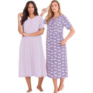 Dreams & Co. Plus Size 2-Pack Long Henley Sleepshirt(Pale Lilac Swan)