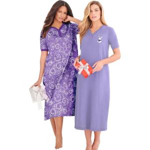 Dreams & Co. Plus Size 2-Pack Long Henley Sleepshirt(Soft Iris Snow Bunny)