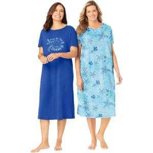 Dreams & Co. Plus Size 2-Pack Long Sleepshirts(Pretty Aqua Turtle)