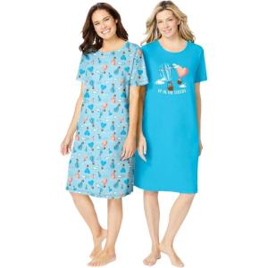 Dreams & Co. Plus Size 2-Pack Short-Sleeve Sleepshirt(Caribbean Blue Clouds)