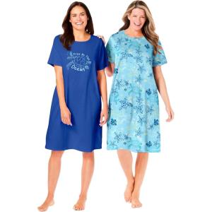 Dreams & Co. Plus Size 2-Pack Short-Sleeve Sleepshirt(Pretty Aqua Turtle)