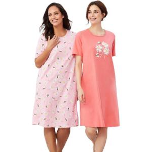 Dreams & Co. Plus Size 2-Pack Short-Sleeve Sleepshirt(Sweet Coral Bees)