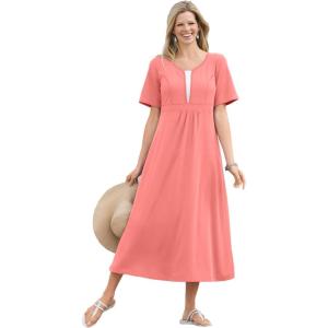 Woman Within Plus Size Layered Knit Empire Dress(Sweet Coral)
