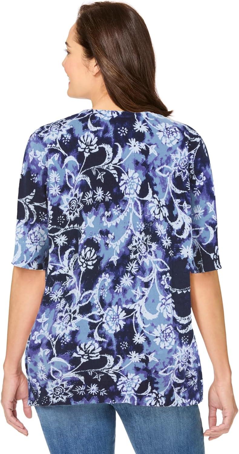 imageWoman Within Plus Size Perfect ElbowLength Sleeve Cardigan SweaterNavy Floral Tie Dye