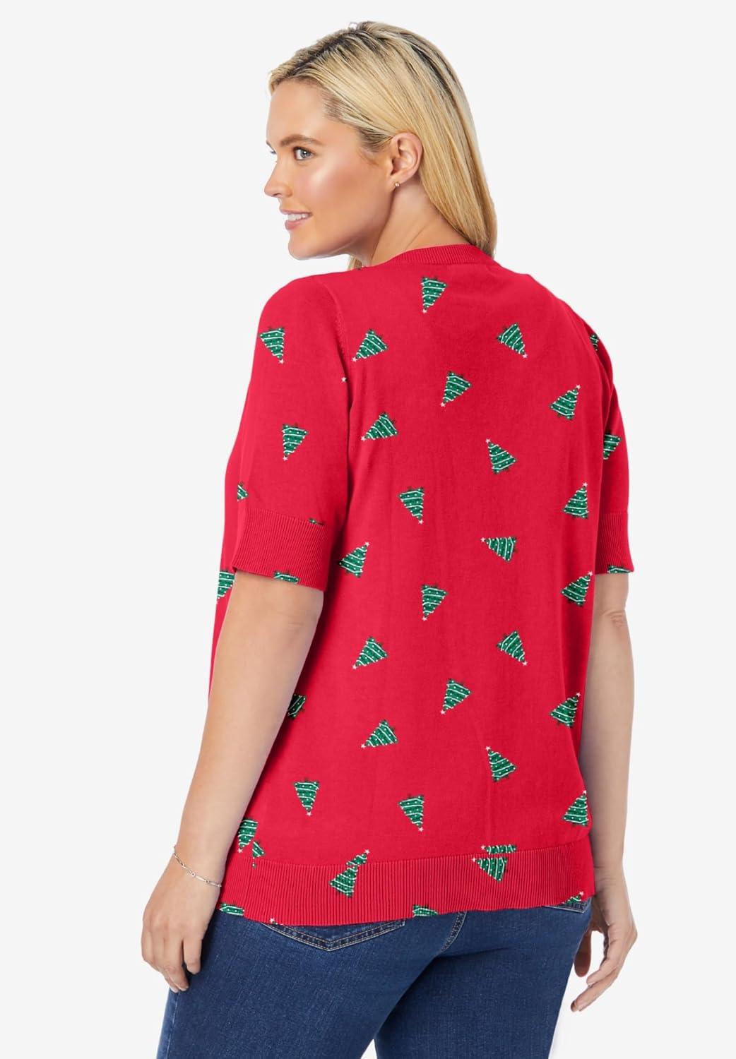 imageWoman Within Plus Size Perfect ElbowLength Sleeve Cardigan SweaterVivid Red Trees