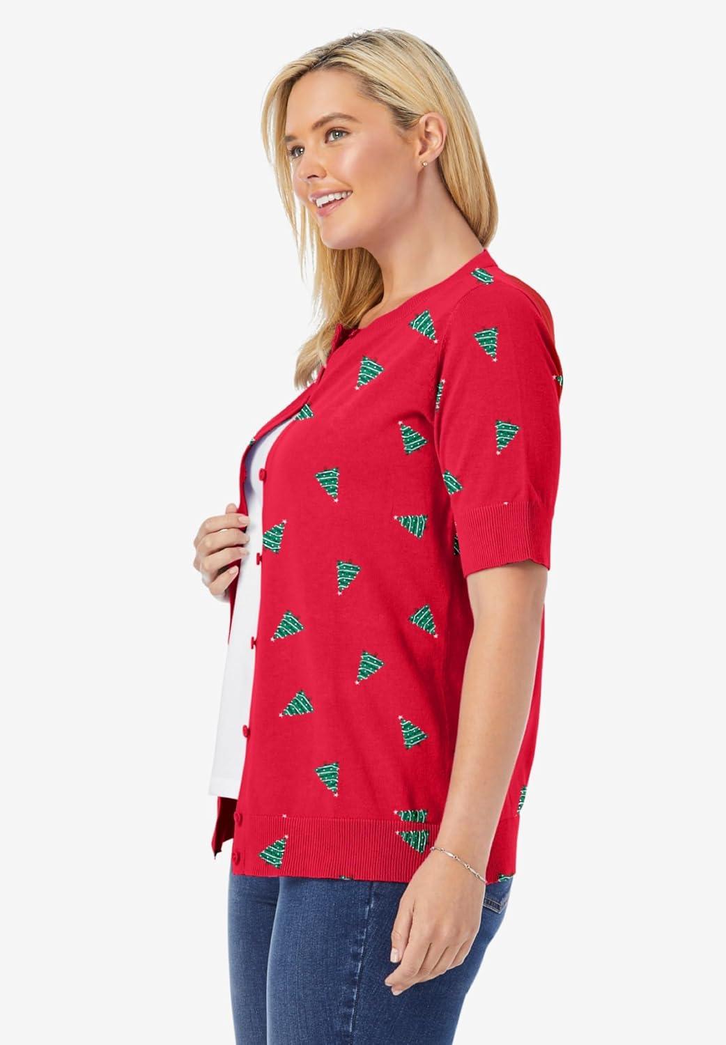 imageWoman Within Plus Size Perfect ElbowLength Sleeve Cardigan SweaterVivid Red Trees