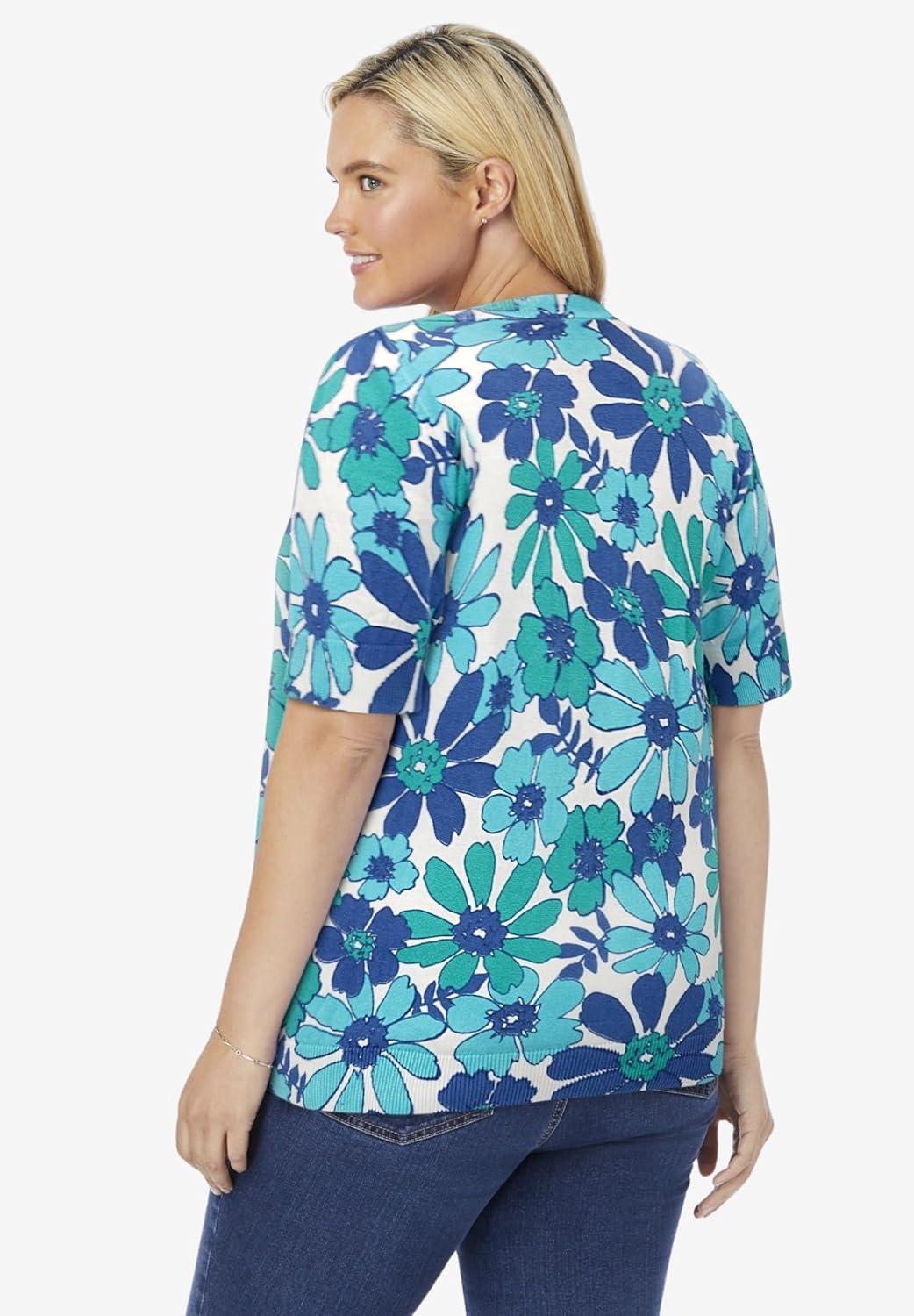 imageWoman Within Plus Size Perfect ElbowLength Sleeve Cardigan SweaterWhite Blue Blossom