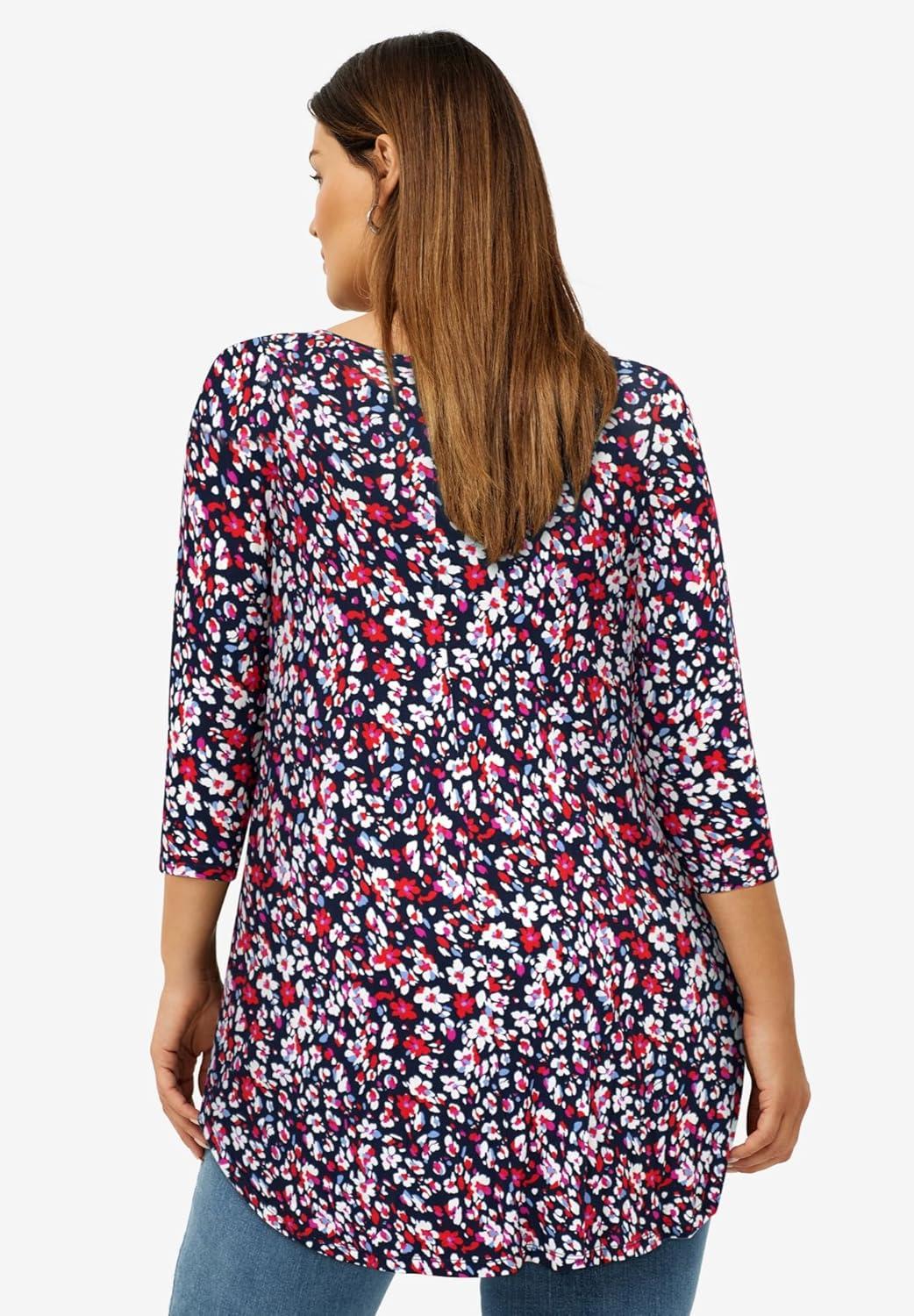 imageellos Plus Size Stretch Knit Scoop Neck 34 Sleeve Curved Hem TunicNavy Red Ditsy Floral