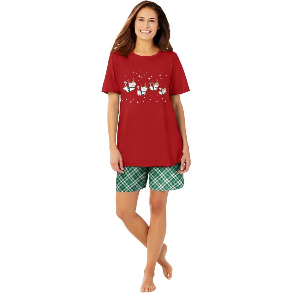 imageDreams amp Co Plus Size Knit Pj Short SetClassic Red Reindeer Cat