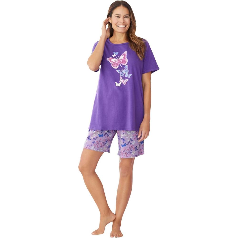 imageDreams amp Co Plus Size Knit Pj Short SetPlum Burst Floral Butterfly