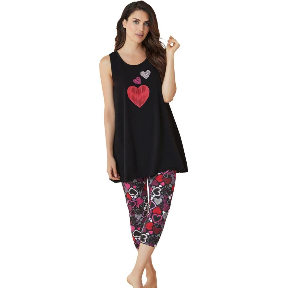 imageDreams amp Co Plus Size Scoopneck Tank amp Capri Legging PJ SetBlack Multi Hearts