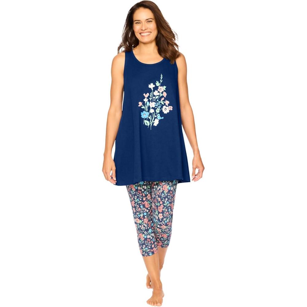 imageDreams amp Co Plus Size Scoopneck Tank amp Capri Legging PJ SetEvening Blue Floral