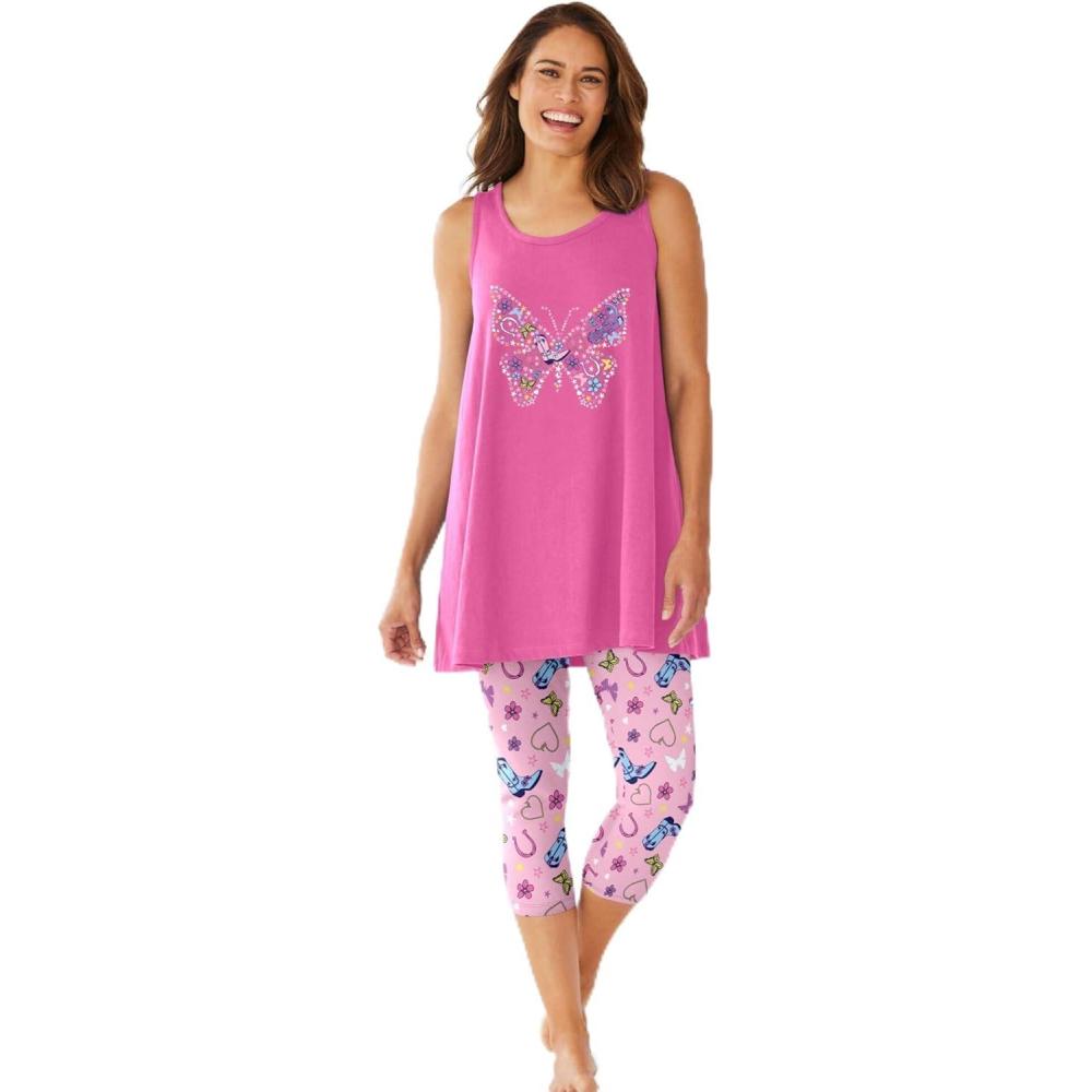 imageDreams amp Co Plus Size Scoopneck Tank amp Capri Legging PJ SetPink Bloom West